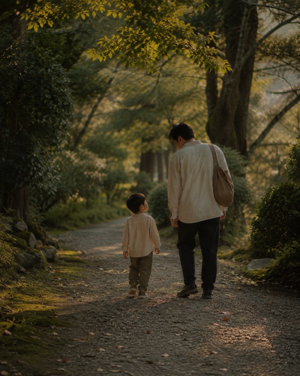 Child and parent walking in a wooded garden